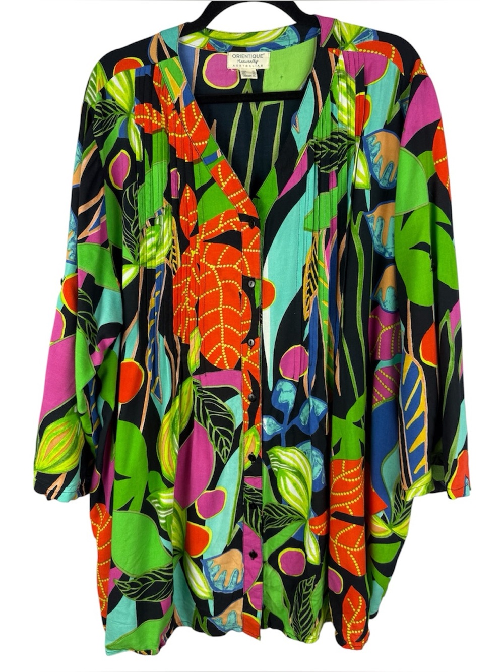 Orientique Australian Bold Abstract Tropical Leaf Pintuck Tunic Top Size XL 